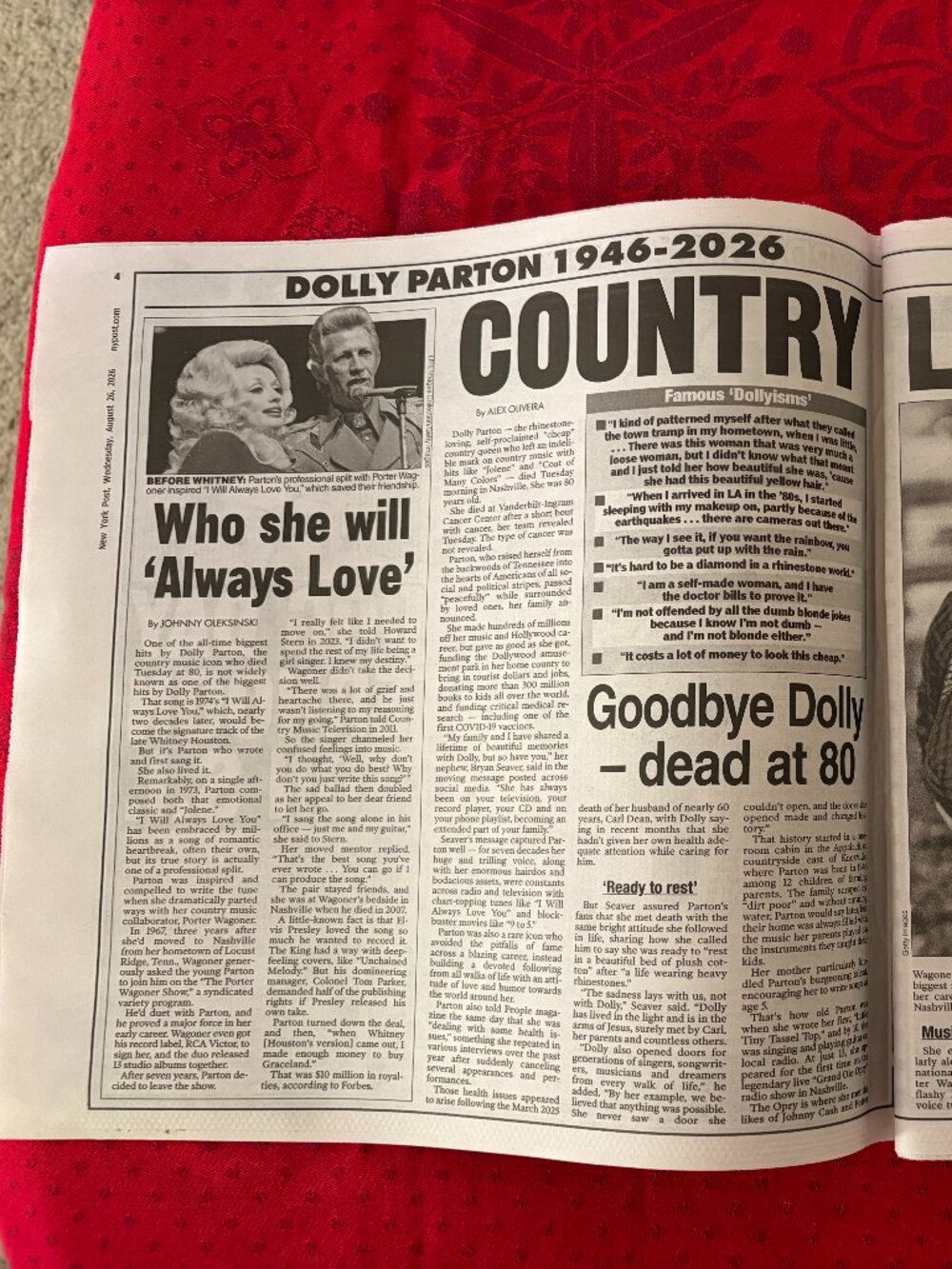 DOLLY PARTON WE WILL ALWAYS LOVE NEW YORK POST AUGUST 26 2026. - Picture 3 of 7